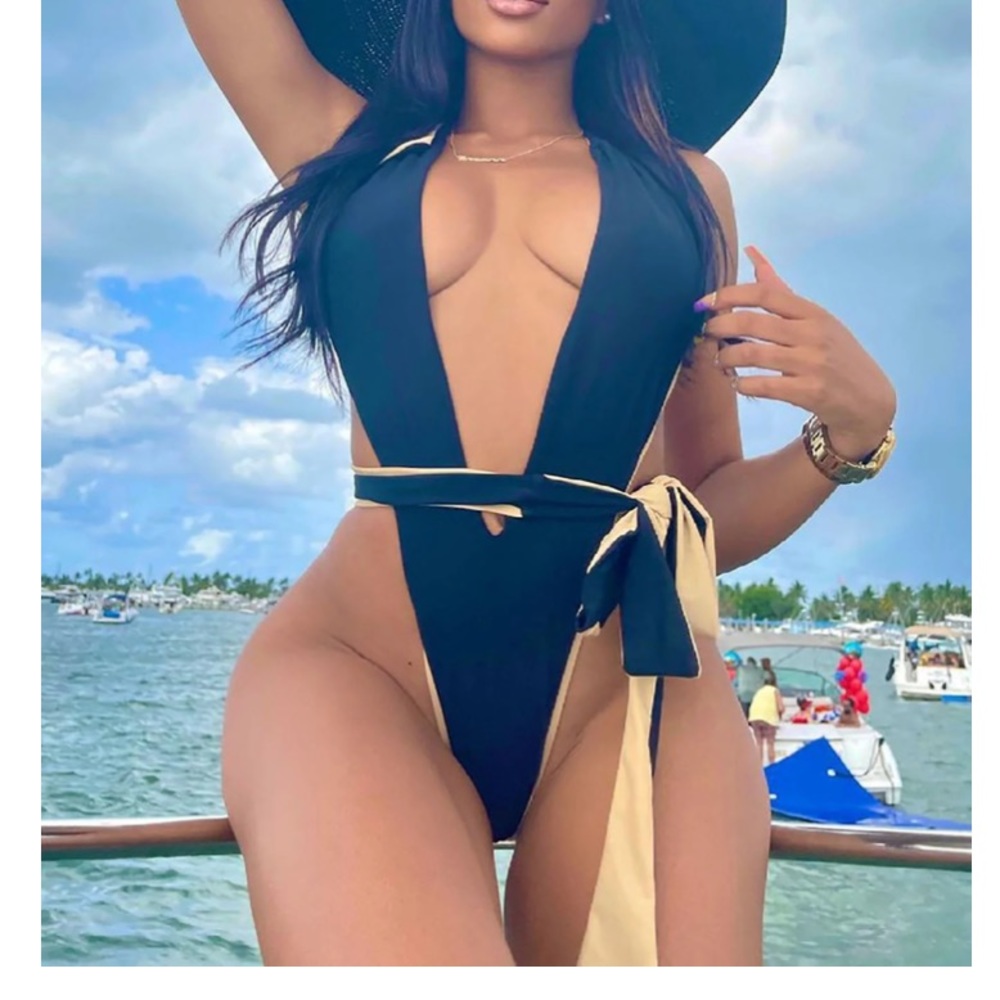 One piece gold and black swimsuit